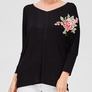 Deep V-neck Top with Flower Patch